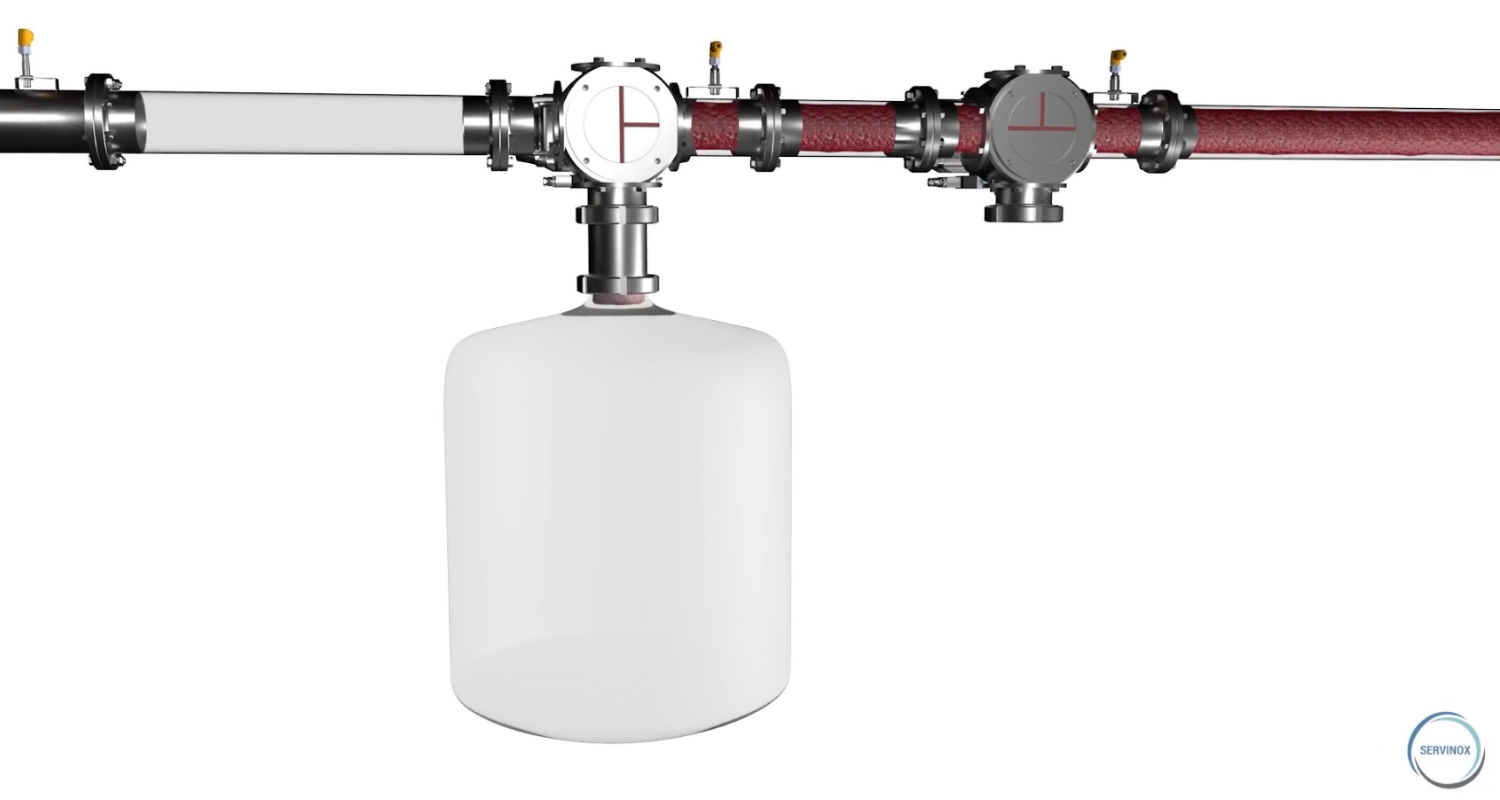Here the product is seen in the pipeline. After transfer, there will normally be a residual amount of product left in the pipe, which would otherwise have to be rinsed out or end up as product loss.